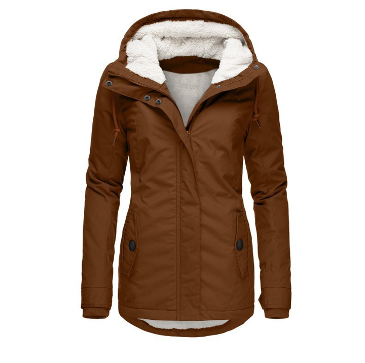 Women's warm hooded winter jacket featuring a drawstring hood & practical button pockets for essential storage.