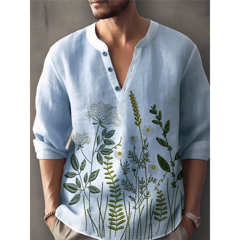 Stylish men's long sleeve casual shirt with elegant floral embroidery, button-down front. Trendy spring wear.