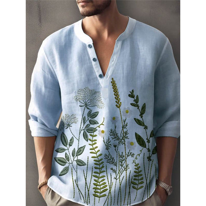 Stylish men's long sleeve casual shirt with elegant floral embroidery, button-down front. Trendy spring wear.