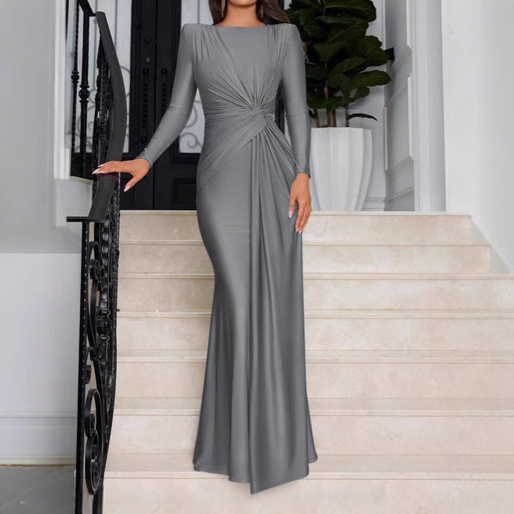 Sophisticated women's high collar gathered long dress. Ideal for formal events, evening wear, or special occasion parties.