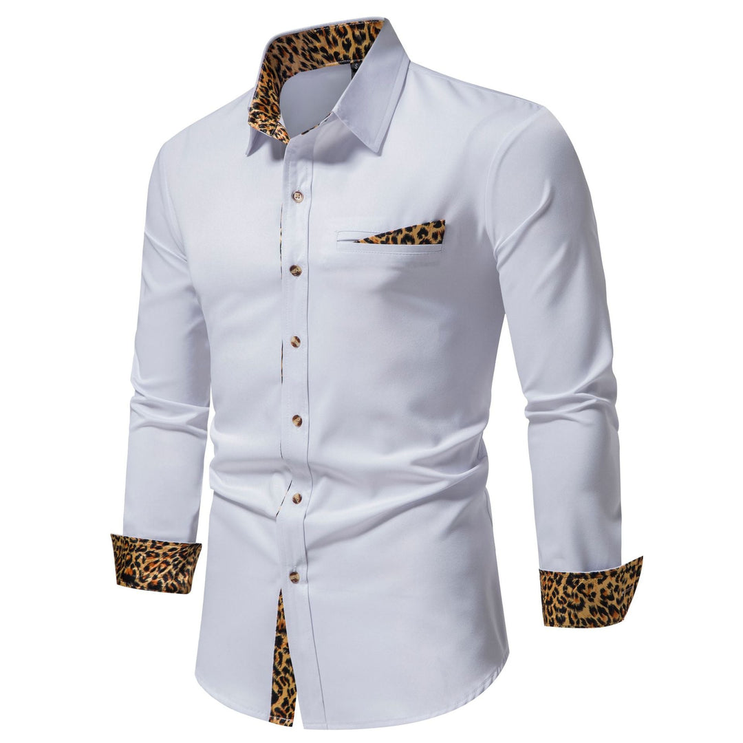Modern men's elegant button-up shirt, long-sleeved with eye-catching leopard print accents, a versatile fashion top.