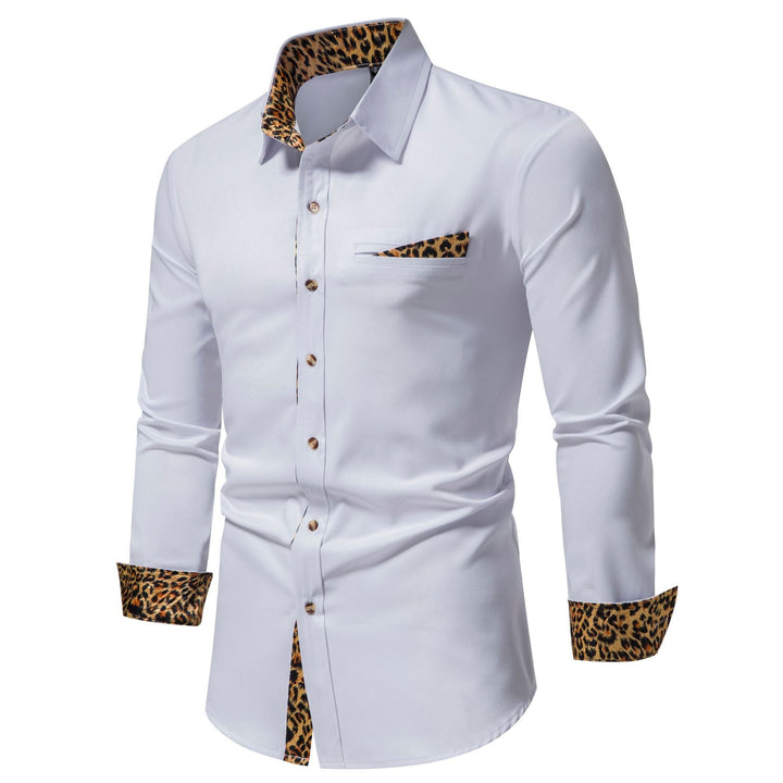 Modern men's elegant button-up shirt, long-sleeved with eye-catching leopard print accents, a versatile fashion top.