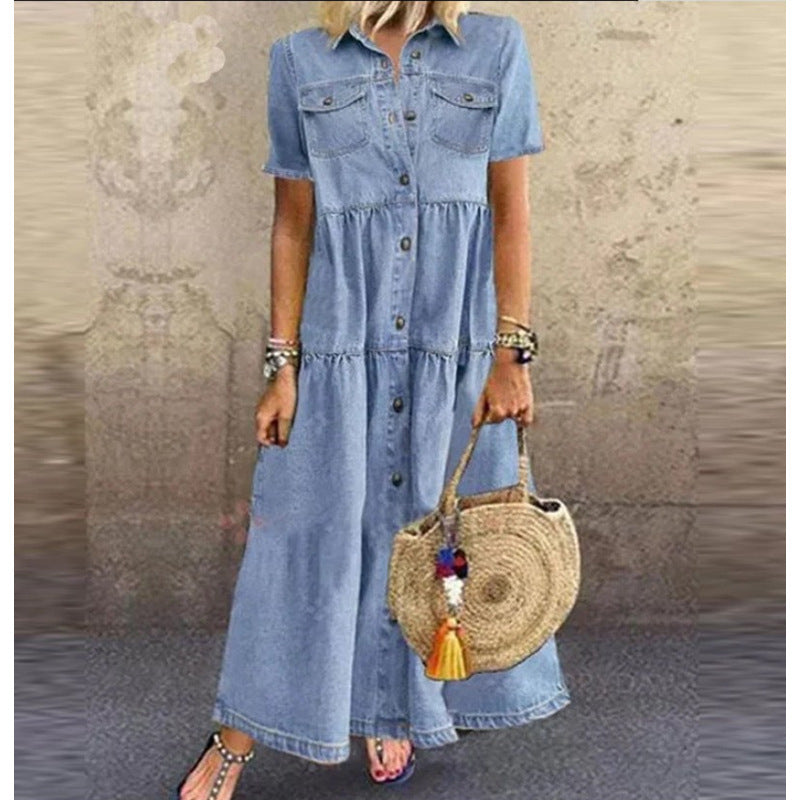 Loose fit women's short sleeve maxi dress. Comfortable, relaxed button-down shirt dress with pockets for weekend wear.