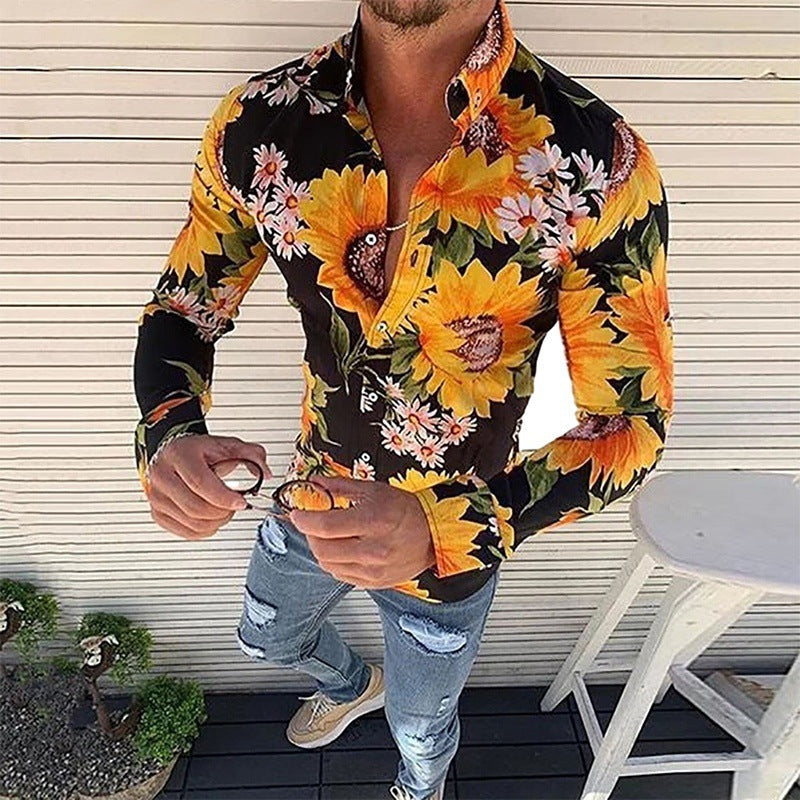 Men's stylish long sleeve floral print casual shirt. Unique design button-down, a modern fashion top.