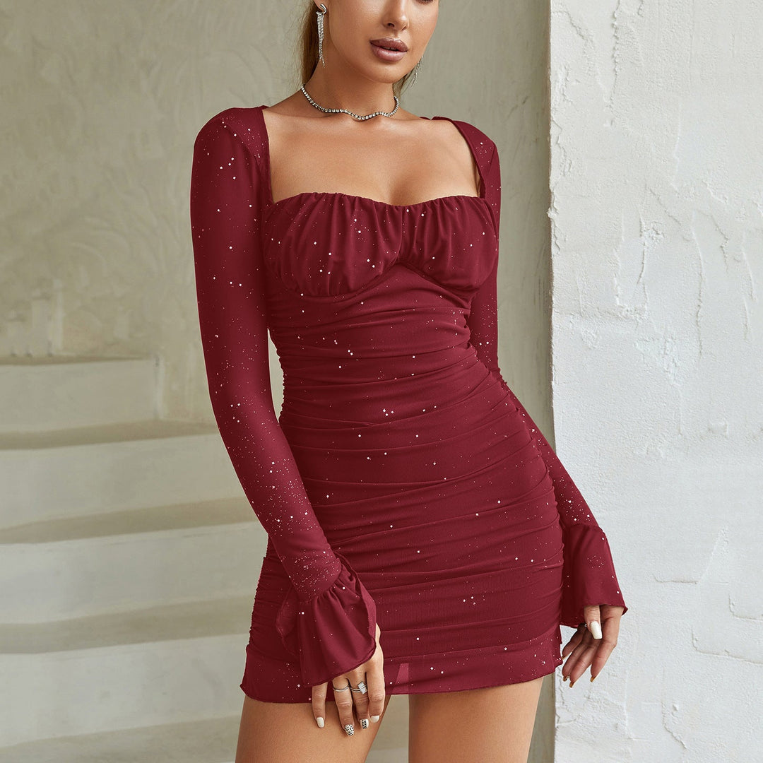 Chic women's off-shoulder sheer mesh party dress. Ruched bodycon mini style, ideal for elegant night out events.