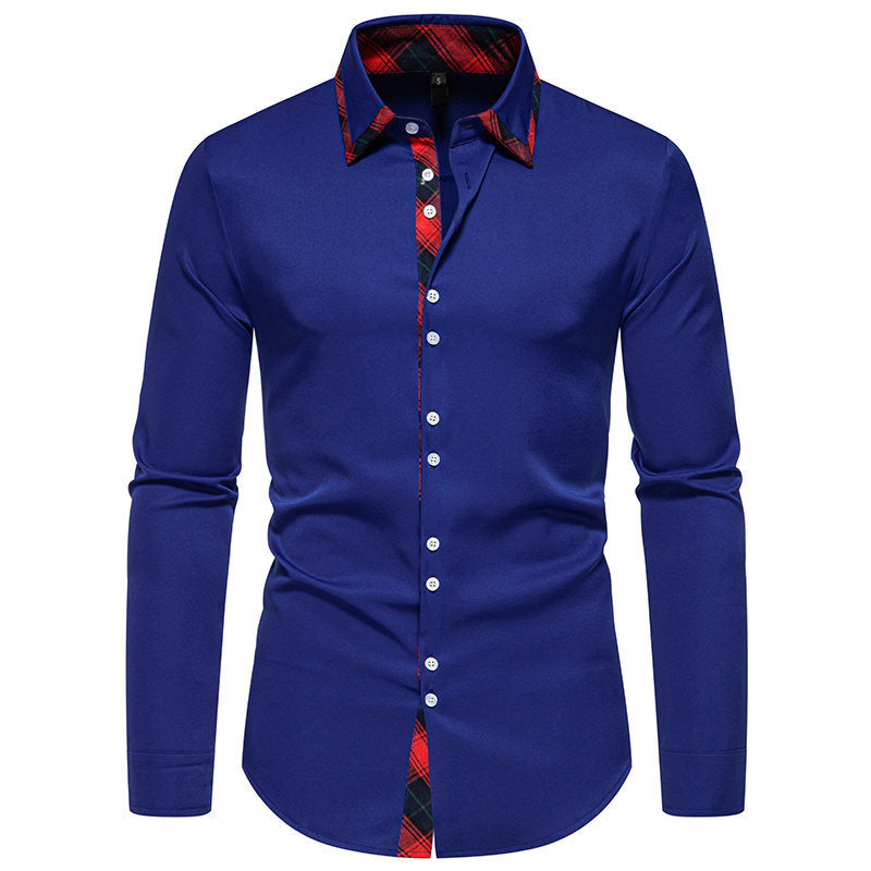 High-quality men's fashion long-sleeve shirt. Elegant dress shirt with a sophisticated checkered collar.