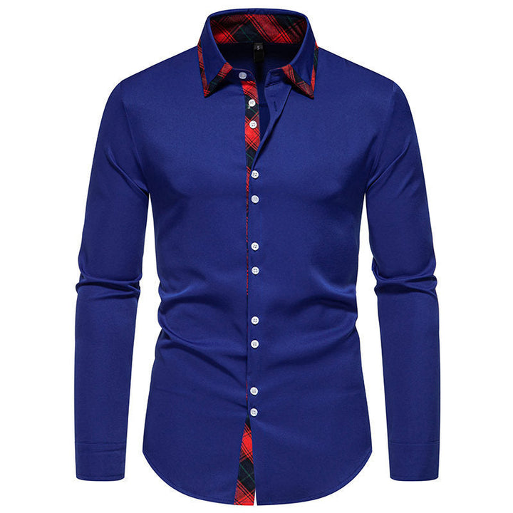 High-quality men's fashion long-sleeve shirt. Elegant dress shirt with a sophisticated checkered collar.