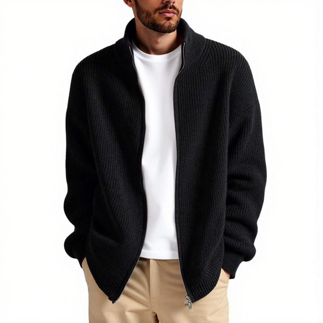 Comfortable men's high collar zipper cardigan, a stylish and easy-care layering piece for modern casual fashion.