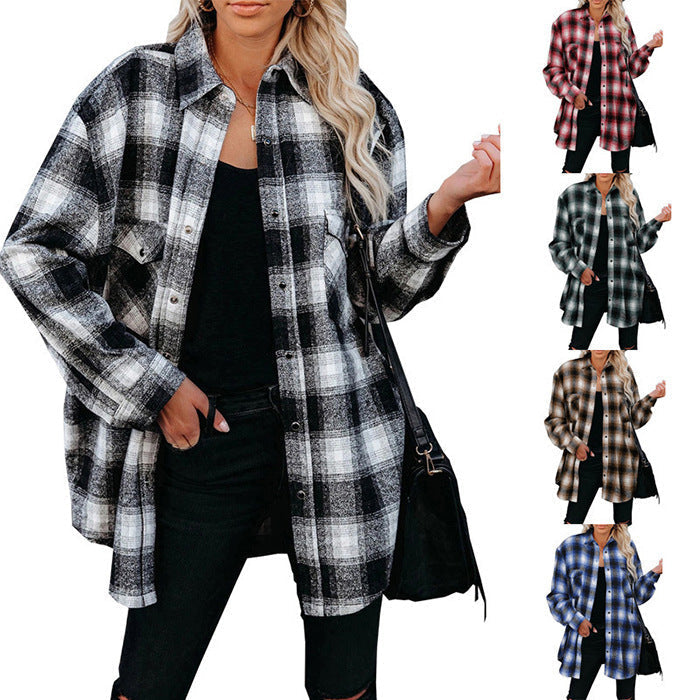 Women's button-up plaid shacket with pockets, cozy and fashionable for winter comfort.