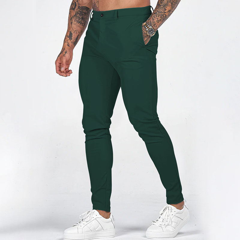 Men's slim-fit stretch chinos paired with a casual t-shirt, perfect for a relaxed spring/summer look.