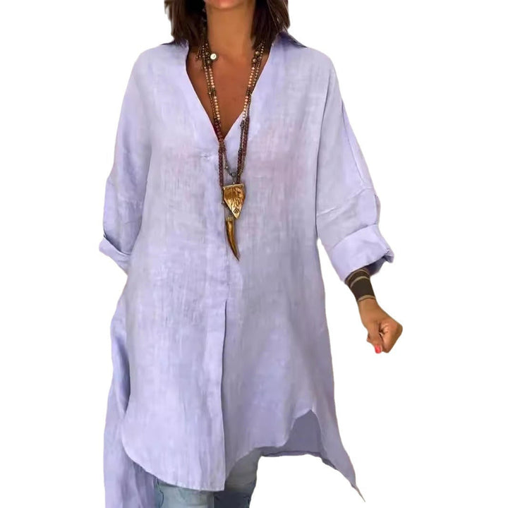 Everyday women's collared blouse, a relaxed fit button-down top with convenient roll-up sleeves.