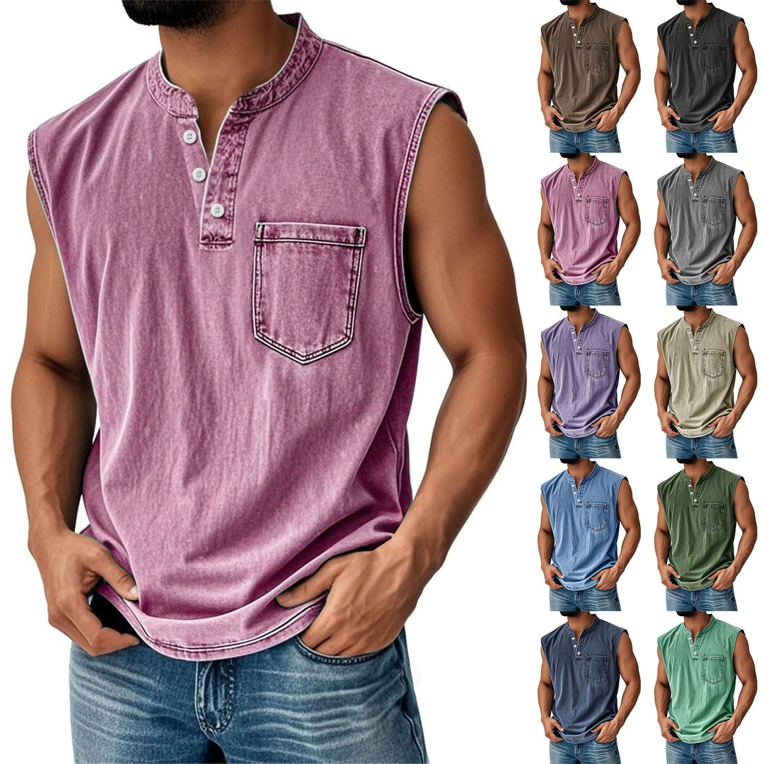Casual men's sleeveless shirt with button placket & chest pocket. Ideal summer comfort wear, versatile fashion.
