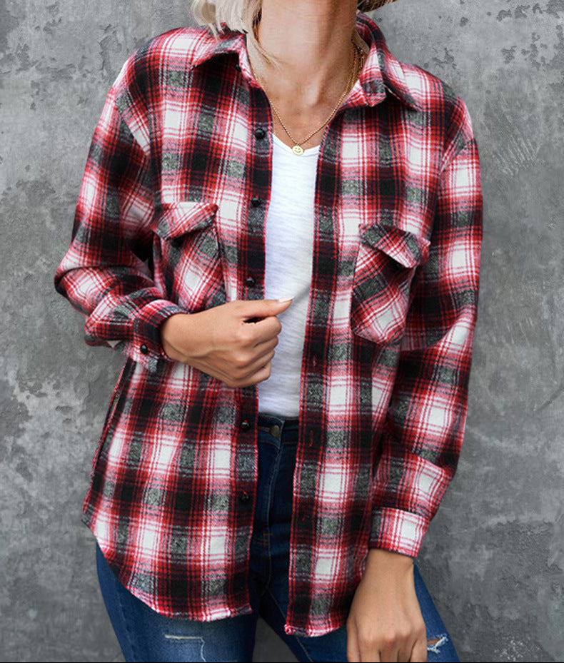 Women's plaid shirt jacket featuring practical chest pockets, great for fall casual style.