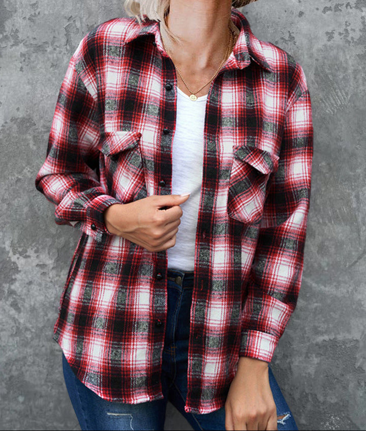 Women's plaid shirt jacket featuring practical chest pockets, great for fall casual style.