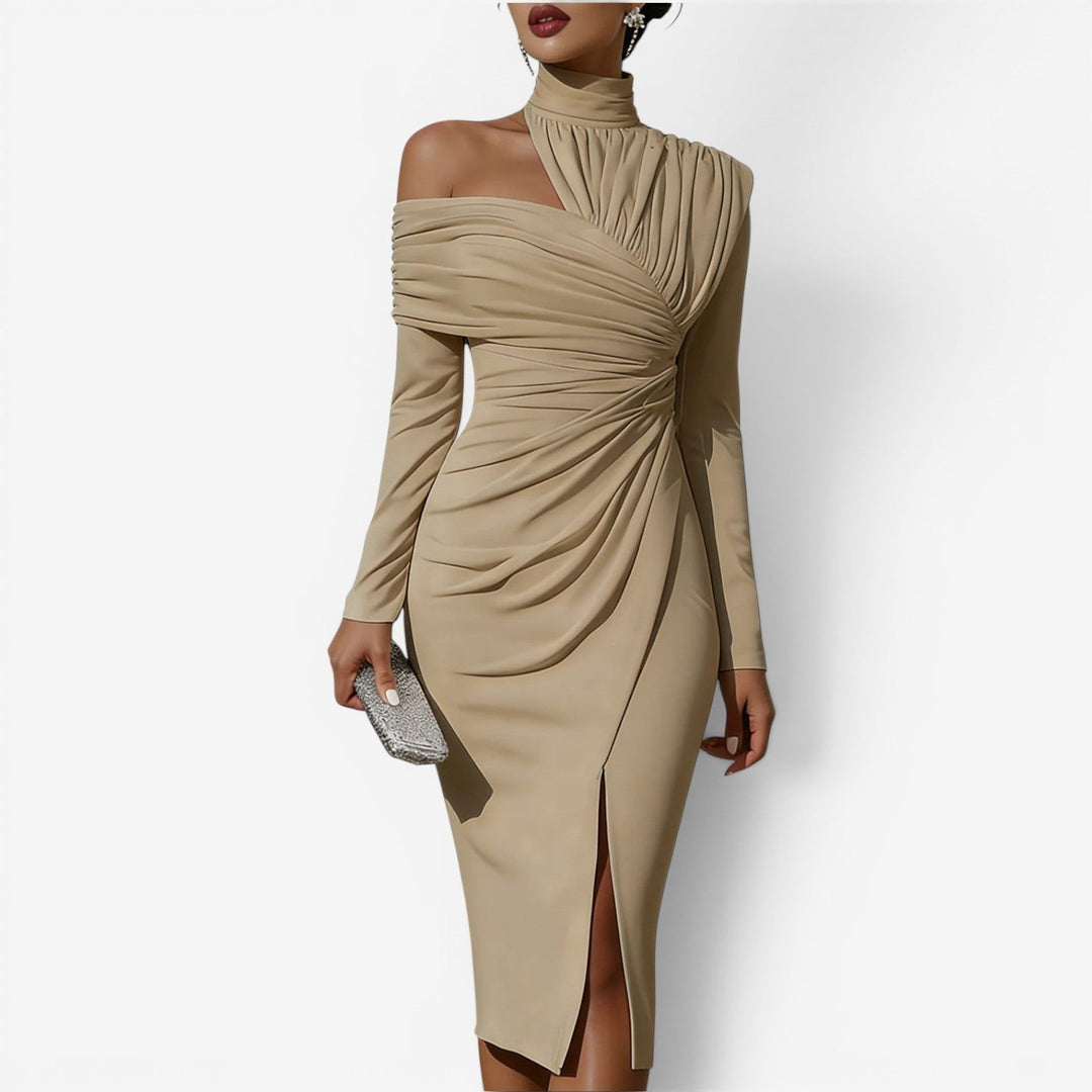 Fashionable women's elegant wrap midi dress with a bodycon, sculpted silhouette. Ideal for party wear.