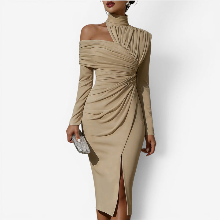 Fashionable women's elegant wrap midi dress with a bodycon, sculpted silhouette. Ideal for party wear.