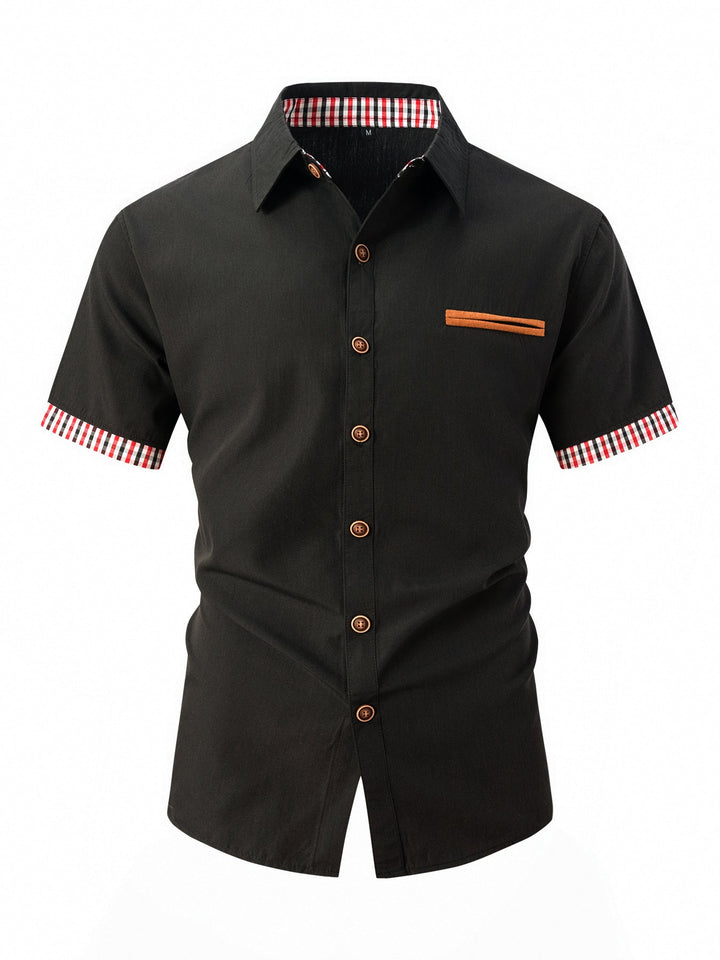 Modern men's short sleeve shirt, versatile for casual or smart casual occasions, featuring contrast details.