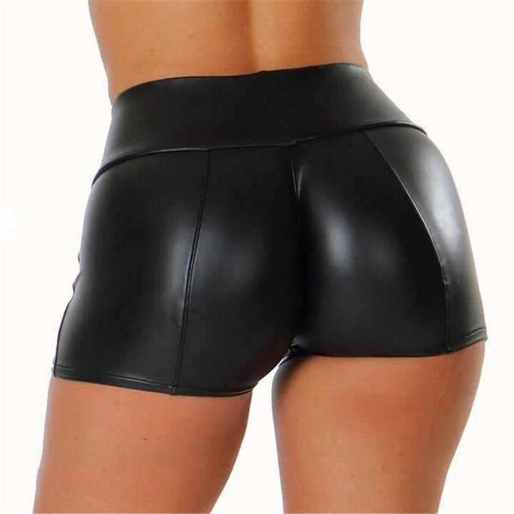 Black high-waisted shiny workout shorts for women's gym and sports activities.
