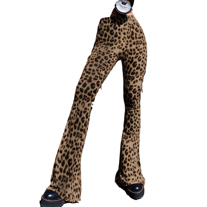 Women's wide-leg flared pants in trendy leopard print, comfortable and chic animal print fashion.