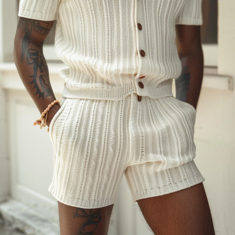 Versatile men's matching two-piece knit shorts & polo shirt set. Breathable slim fit for summer casual & loungewear.