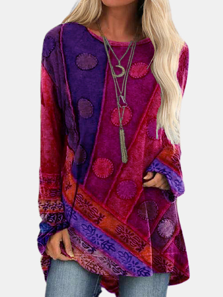 Vibrant patterned women's long sleeve casual shirt. Loose fit and comfortable, perfect for daily fashion.