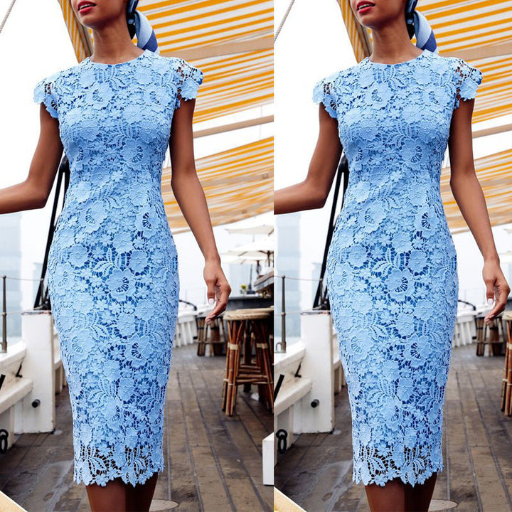 Elegant women's blue crochet short sleeve dress, perfect for spring/summer occasions & parties. Classic, flattering fit.