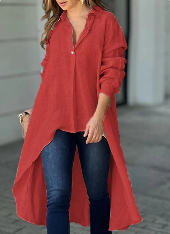 Flowy women's white long blouse, a chic relaxed fit summer top for everyday elegance.