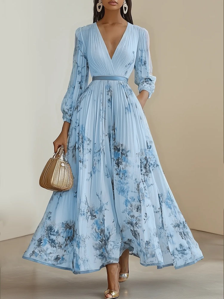 Full-length elegant women's floral maxi dress, V-neck, puffed long sleeves. Perfect for evening events & special occasions.
