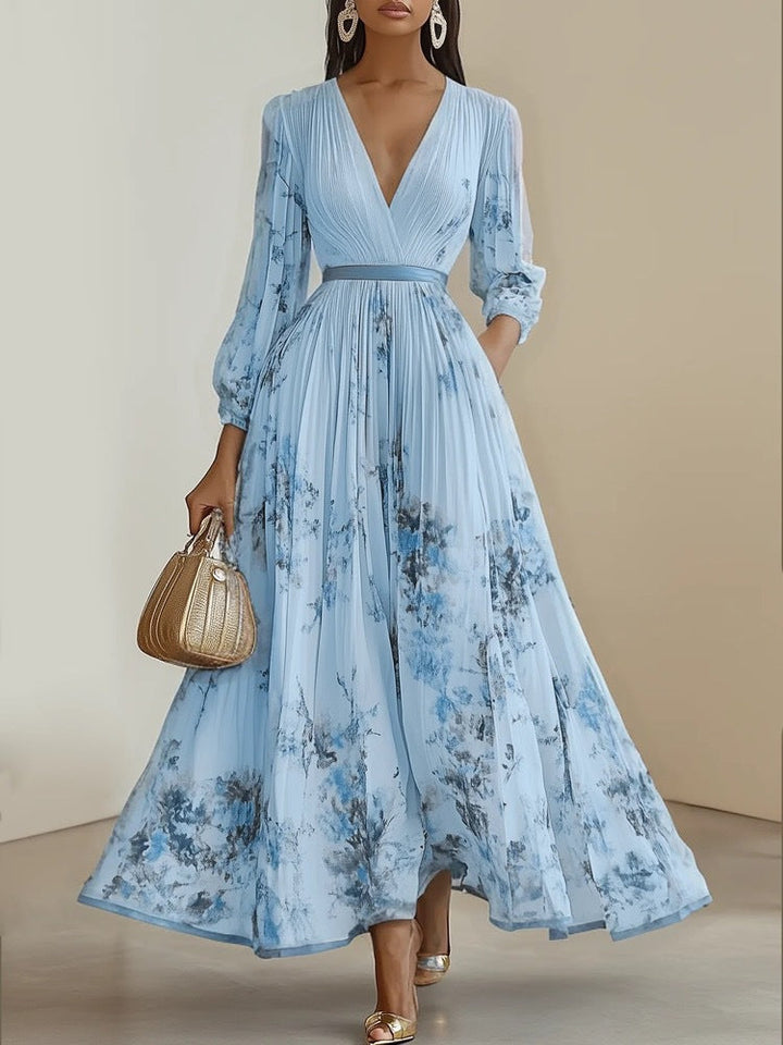 Full-length elegant women's floral maxi dress, V-neck, puffed long sleeves. Perfect for evening events & special occasions.