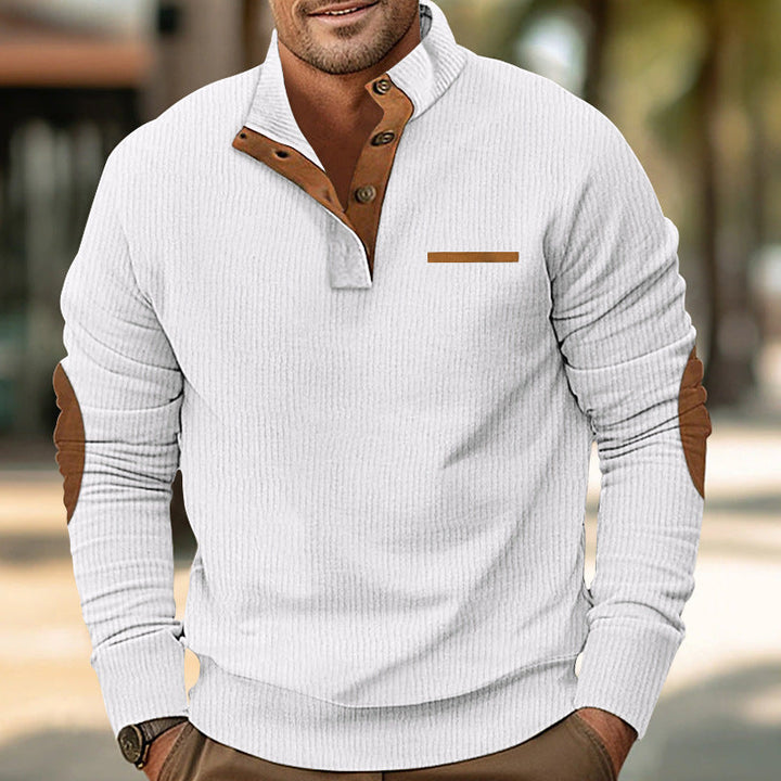 Men's versatile zip-up sweater, grey knit, faux leather snap details, smart casual fall wear.
