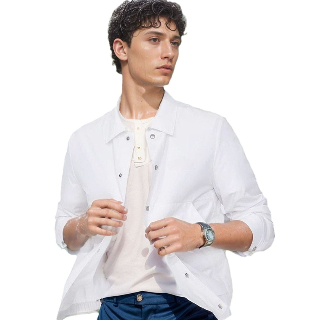 Casual men's lightweight outdoor jacket with snap front, comfortable for spring & summer.