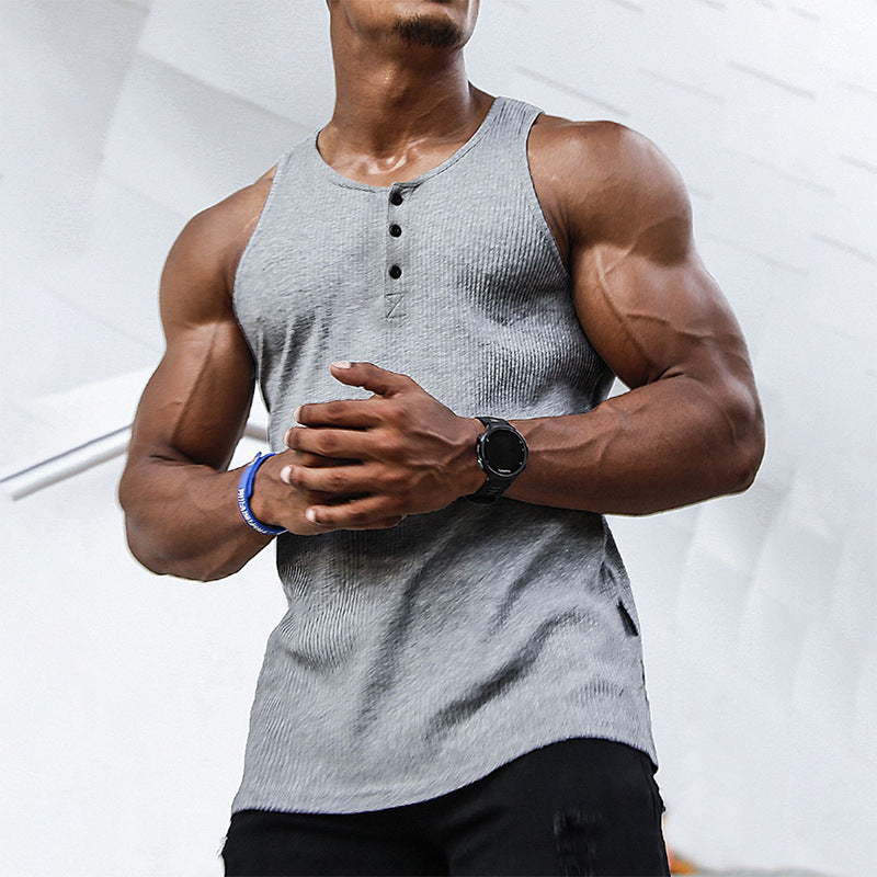 Men's fashion: Sleeveless sports tank top with button placket. Essential gym wear and summer activewear.