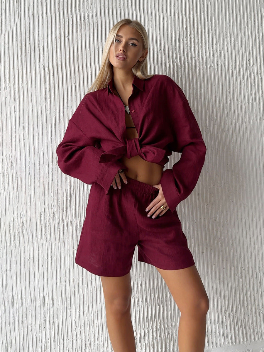 Women's vacation-ready blouse & shorts set. Relaxed fit two-piece summer outfit for ultimate comfort.