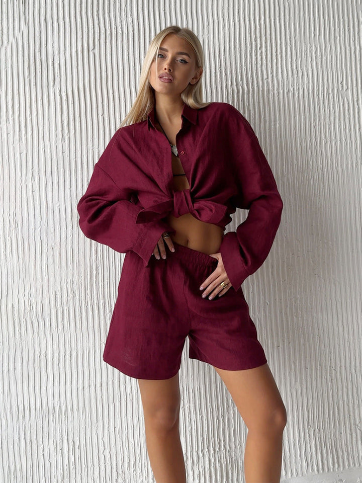 Women's vacation-ready blouse & shorts set. Relaxed fit two-piece summer outfit for ultimate comfort.