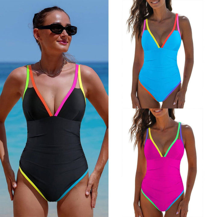 Ladies' V-neck one-piece swimsuit with vibrant colorful accents, perfect for summer beachwear.