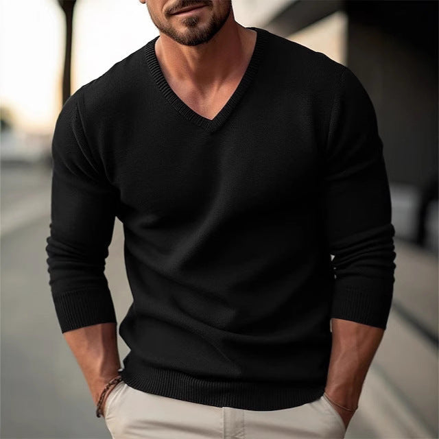 Comfortable men's V-neck pullover sweater, soft knit top for stylish everyday wear.