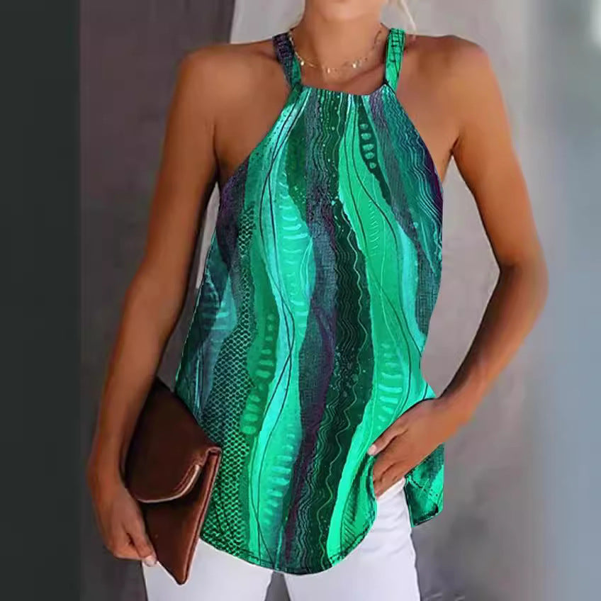 Women's strappy blouse with vibrant blue wave pattern, perfect for summer casual wear.