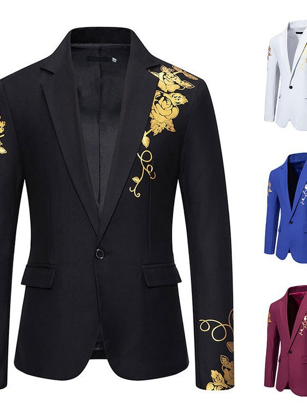 Men's elegant black blazer with intricate gold floral pattern, perfect for weddings & parties.