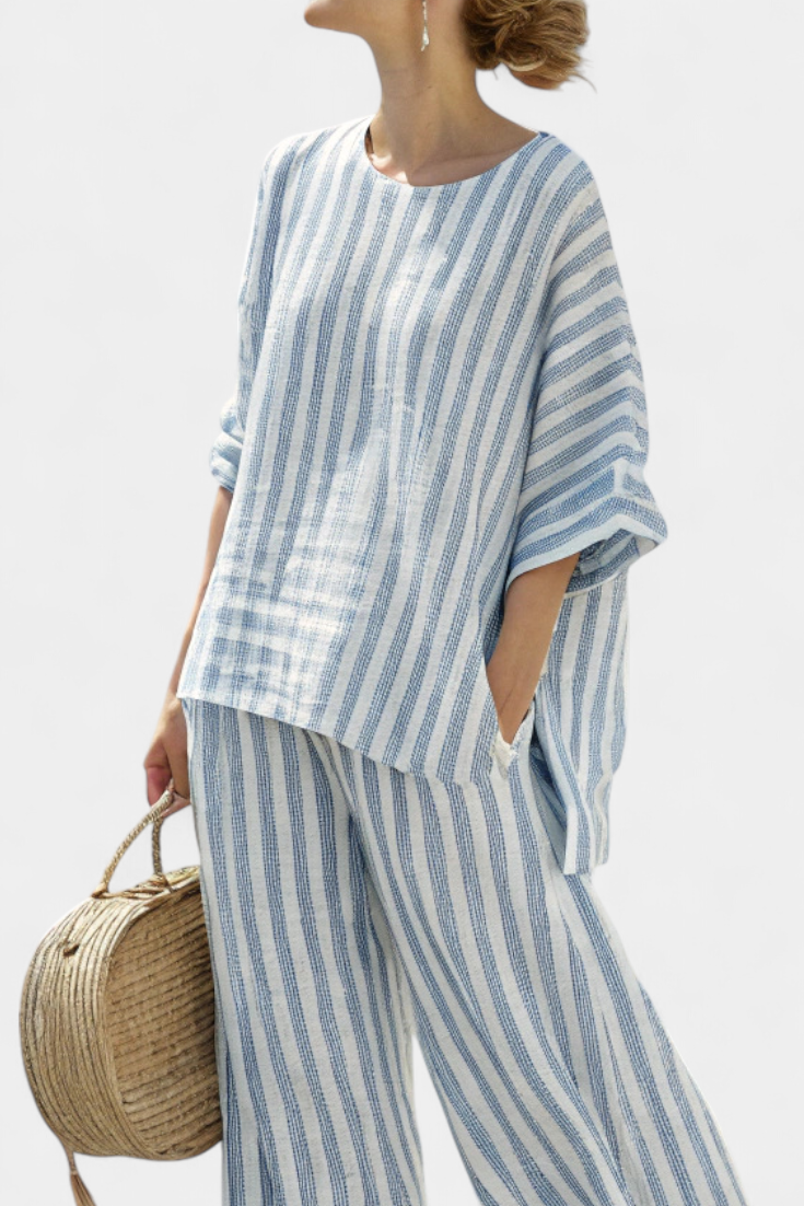 Relaxed fit blue striped women's top and trousers set, ideal comfort wear for coastal vacations & summer.