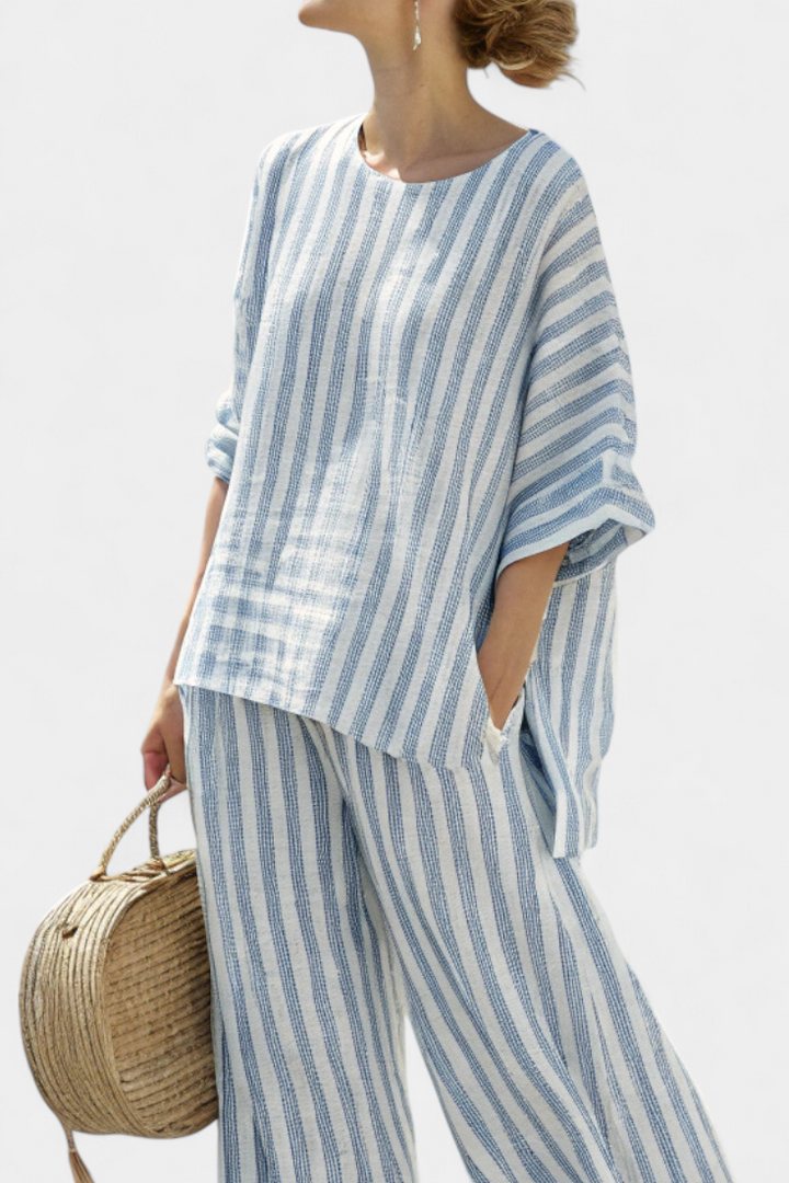 Relaxed fit blue striped women's top and trousers set, ideal comfort wear for coastal vacations & summer.