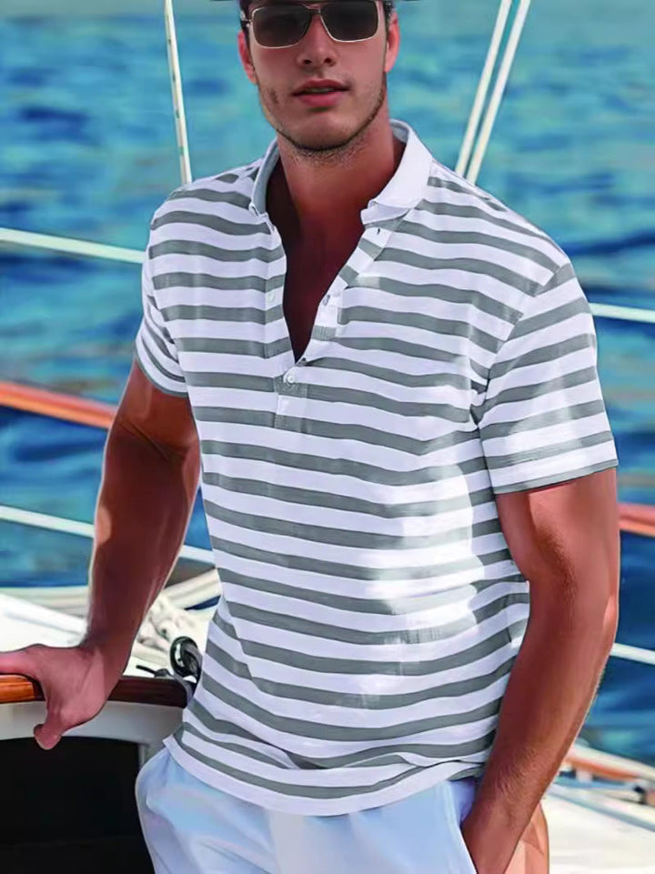 Classic men's casual striped short-sleeve polo shirt, designed with a comfortable stand-up collar.