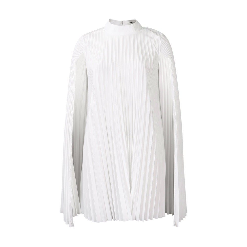 Women's chic black pleated cape dress with high collar & long sleeves. Versatile for formal parties & evening.