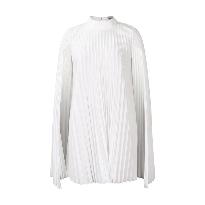 Women's chic black pleated cape dress with high collar & long sleeves. Versatile for formal parties & evening.
