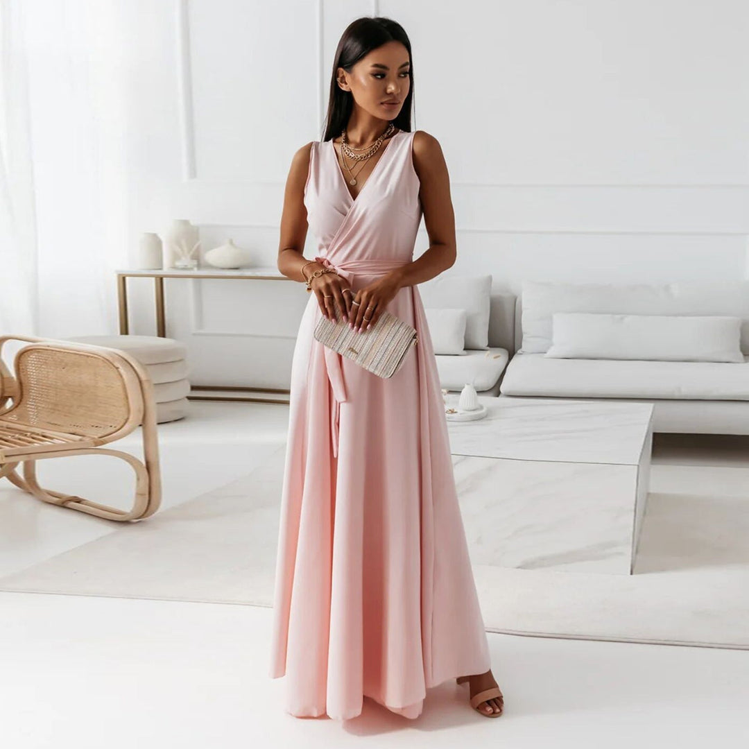 Elegant women's wrap maxi dress, perfect for a wedding guest or formal evening event.