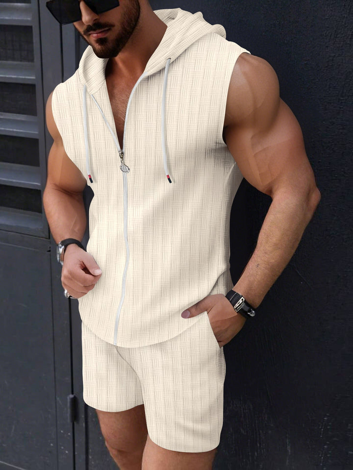 Stylish men's sleeveless zip-up hoodie & matching shorts for summer fashion and comfort.