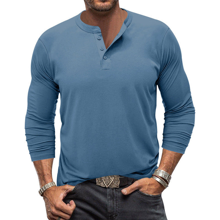 Stylish grey men's long sleeve henley shirt, versatile casual top with button placket, comfortable fit.