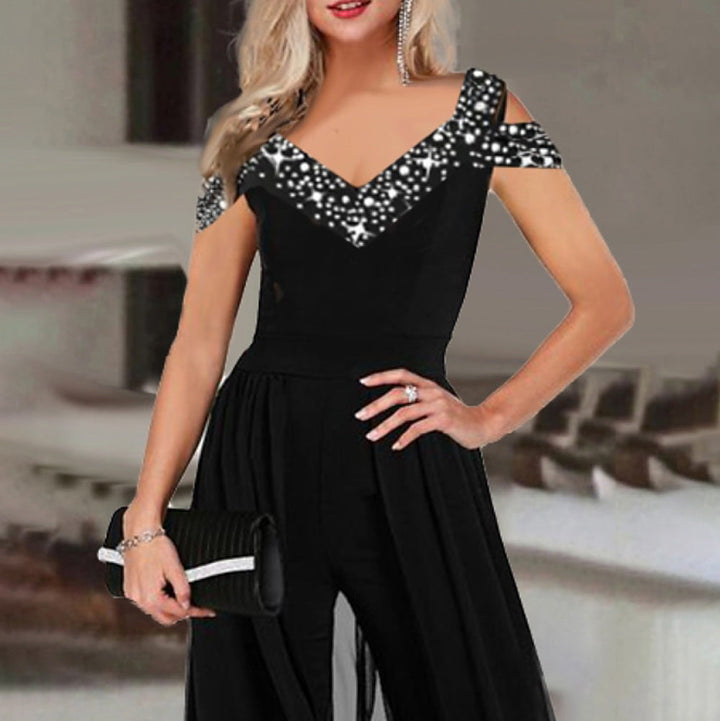 Chic women's off-shoulder sequin top jumpsuit with wide legs, ideal for party, evening, or occasion wear.