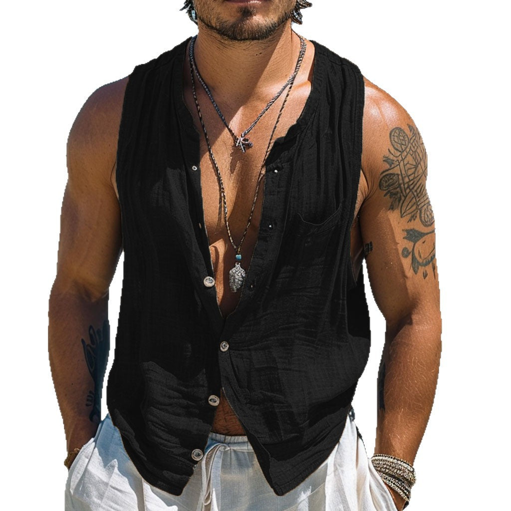 Stylish men's beach shirt. Sleeveless tank top for hot weather comfort & casual summer style.