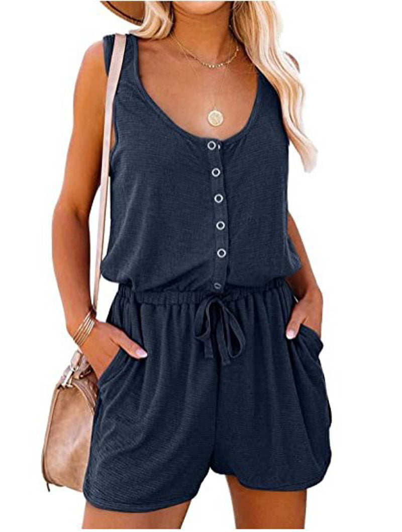 Chic women's sleeveless jumpsuit featuring a stylish buttoned neckline and practical side pockets, versatile one-piece.