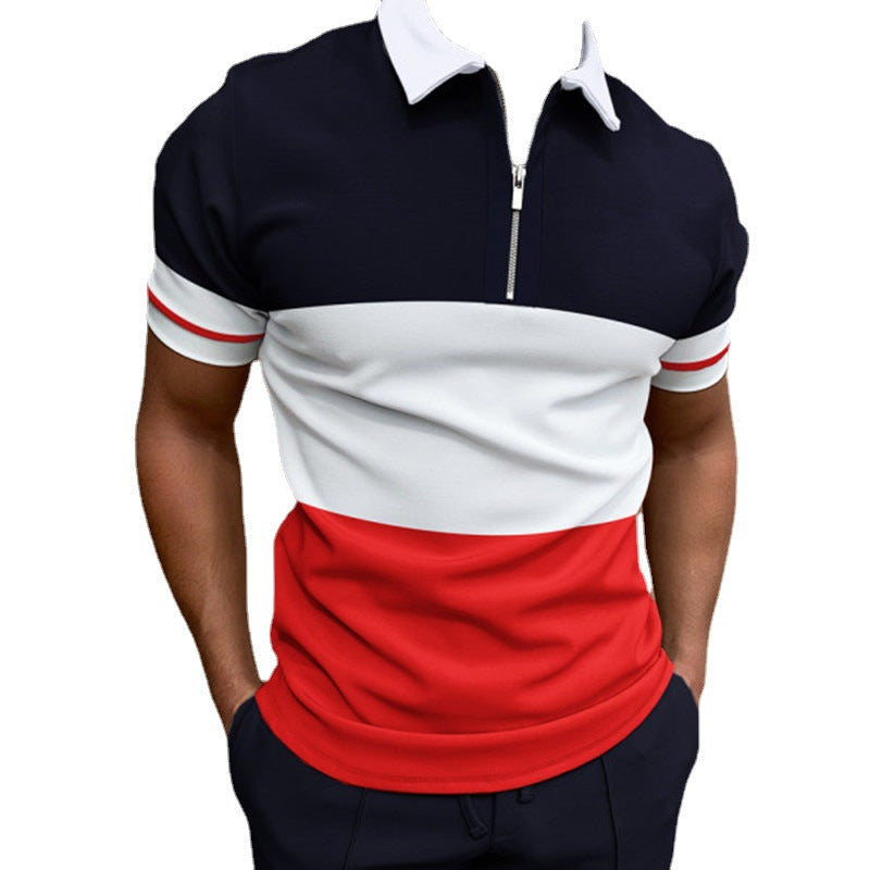 Men's modern zip polo shirt, short sleeve, offering effortless style & comfort. Perfect for smart casual summer wear.